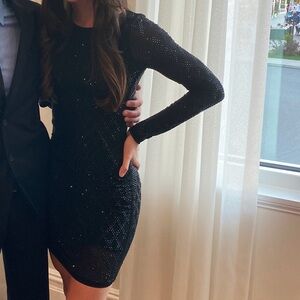 Long Sleeve Rhinestone Mini Dress Black